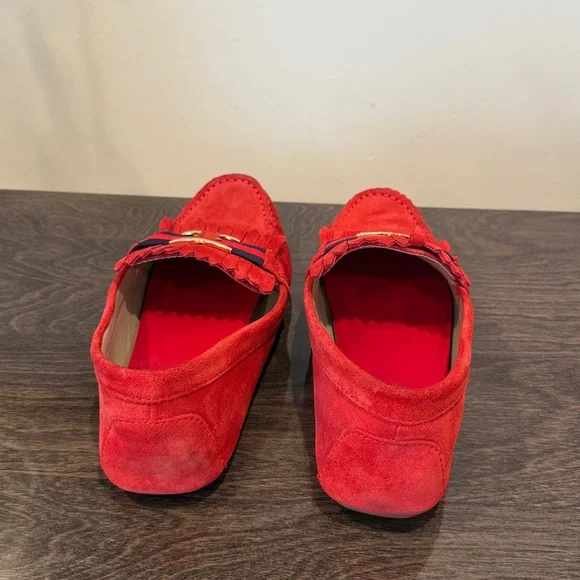 Tory Burch. Red Suede Loafers with dark blue.Gold metal Accent . Authentic - Picture 5 of 12